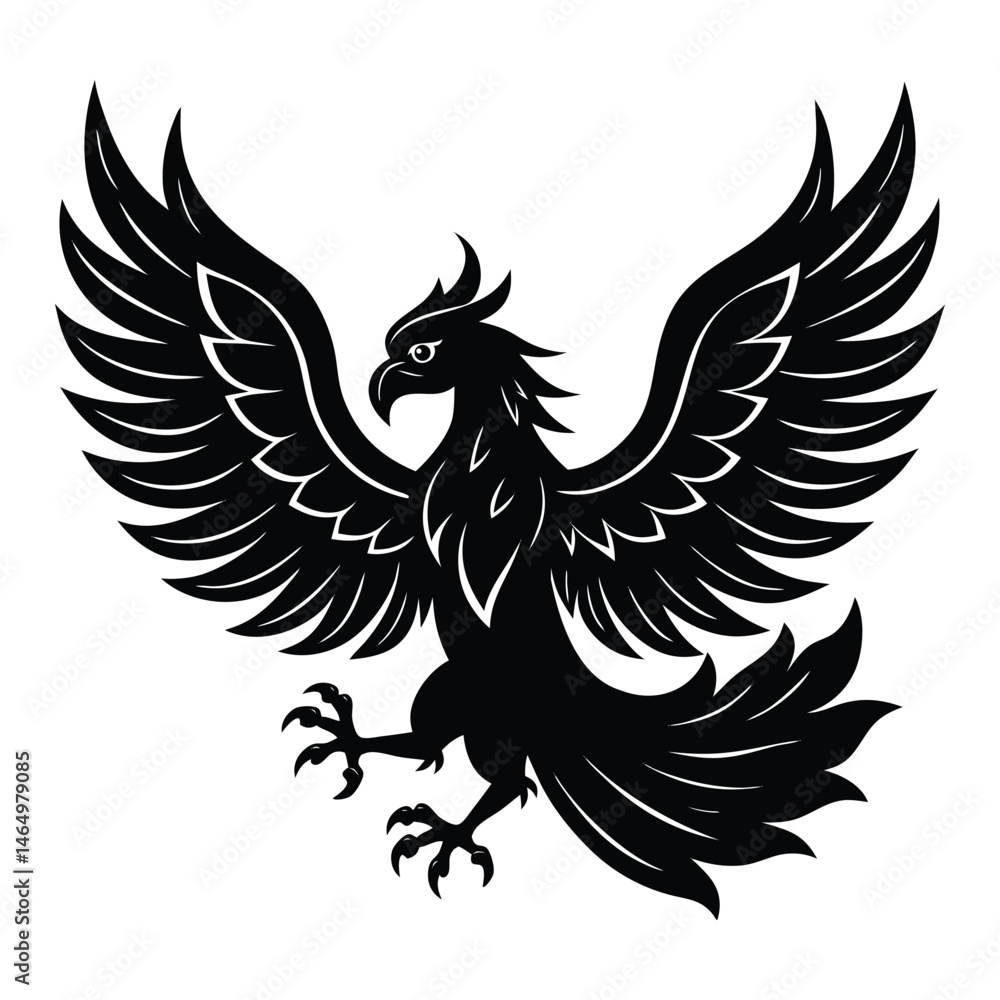 Fototapeta premium Black and white phoenix silhouette on white background