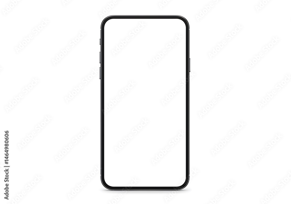A front view of a black smartphone with a blank white screen isolated on a white background studio shot A front view of a black smartphone with a blank white screen isolated on a white background studio shot