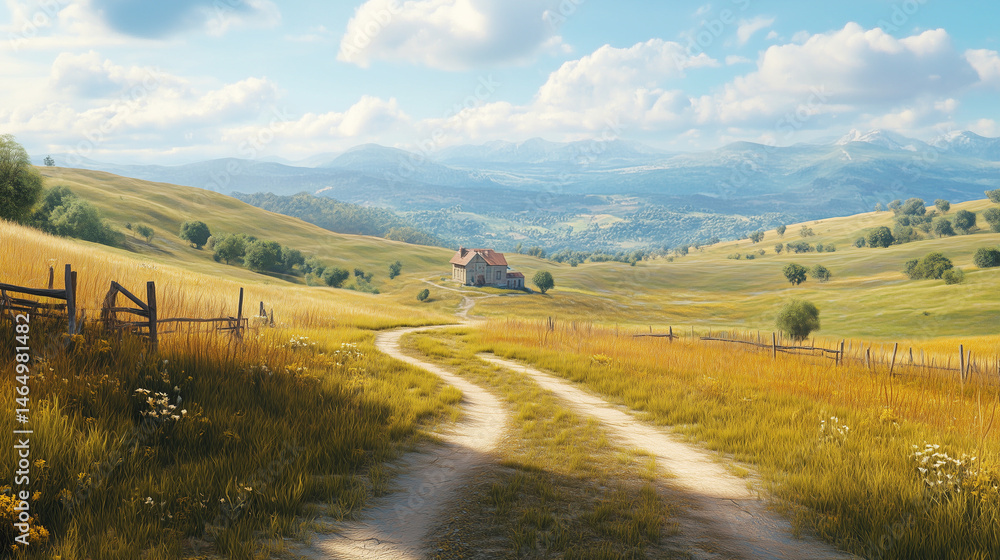 Obraz premium Rustic countryside landscape with curving path and rolling hills 