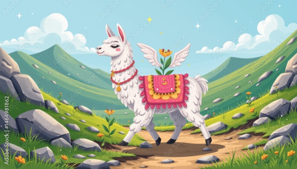 Obraz premium A candy colored doodle llama carries plant seedlings on its back through a highland path, planting them in real cracks between rocks, soft sparkles and wings rising as it walks