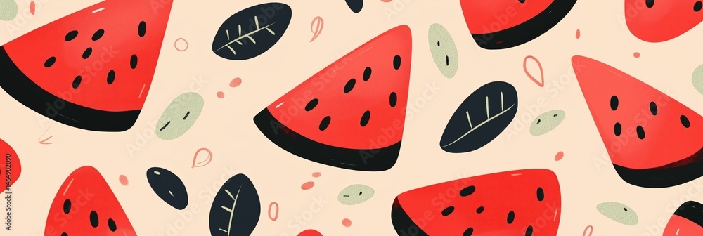 Colorful watermelon slices and leaves pattern. Fun summer background Colorful watermelon slices and leaves pattern. Fun summer background