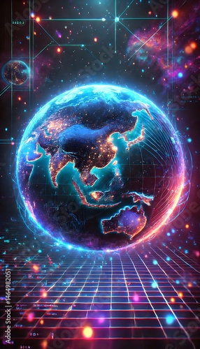 Planet earth in space. Stunning 3d render of planet earth, glowing electric blue energy sphere, dynamic sci-fi futuristic space landscape, epic cosmic atmosphere, detailed digital art, vibrant neon 
