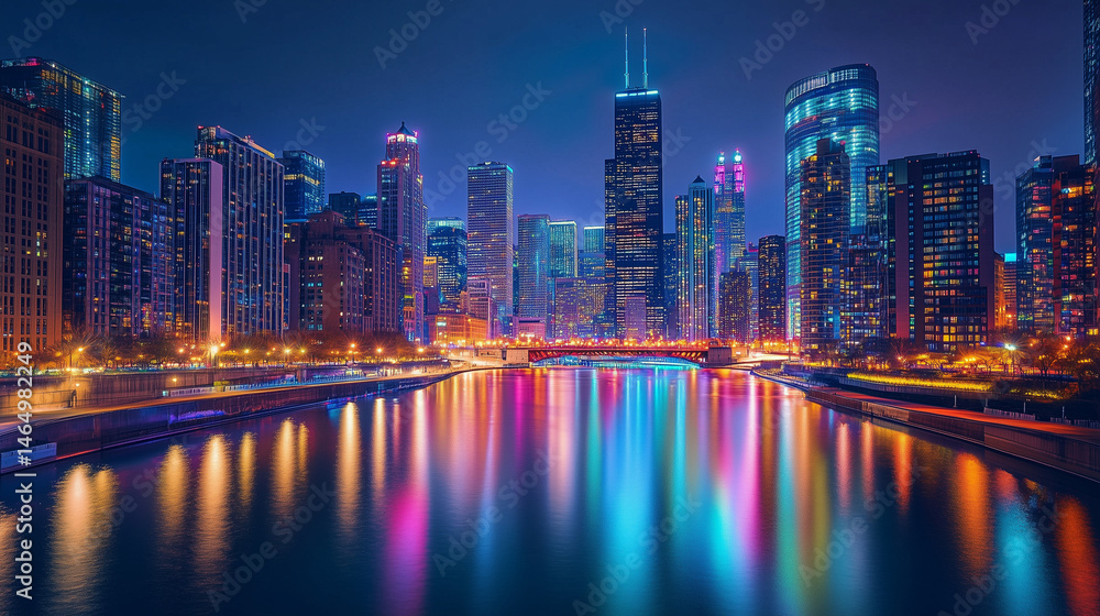 Fototapeta premium Vibrant city skyline reflecting lights on water at night 
