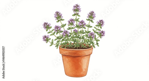  potted thyme herb - A thyme plant with purple flowers in a terracotta pot. Herb gardening illustration featuring fresh, aromatic leaves and blossoms.