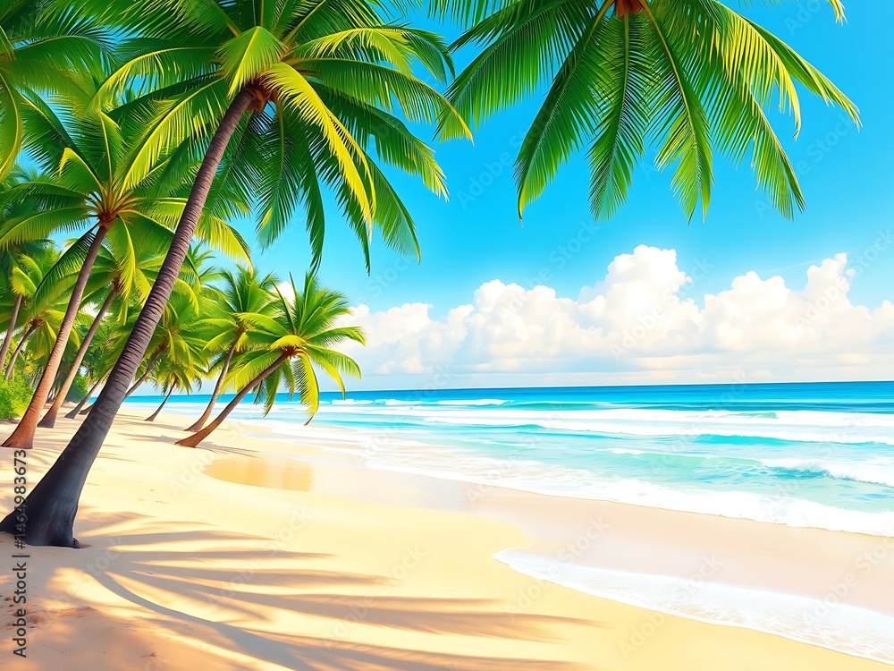 Obraz premium Idyllic Tropical Beach Scene with Lush Palm Trees and Turquoise Ocean