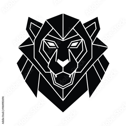 Geometric black and white lion head graphic illustration suitable for logos branding and apparel design