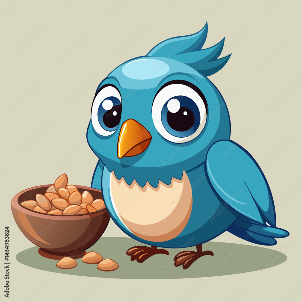 Obraz premium Cute Cartoon Blue Bird with Bowl of Nuts