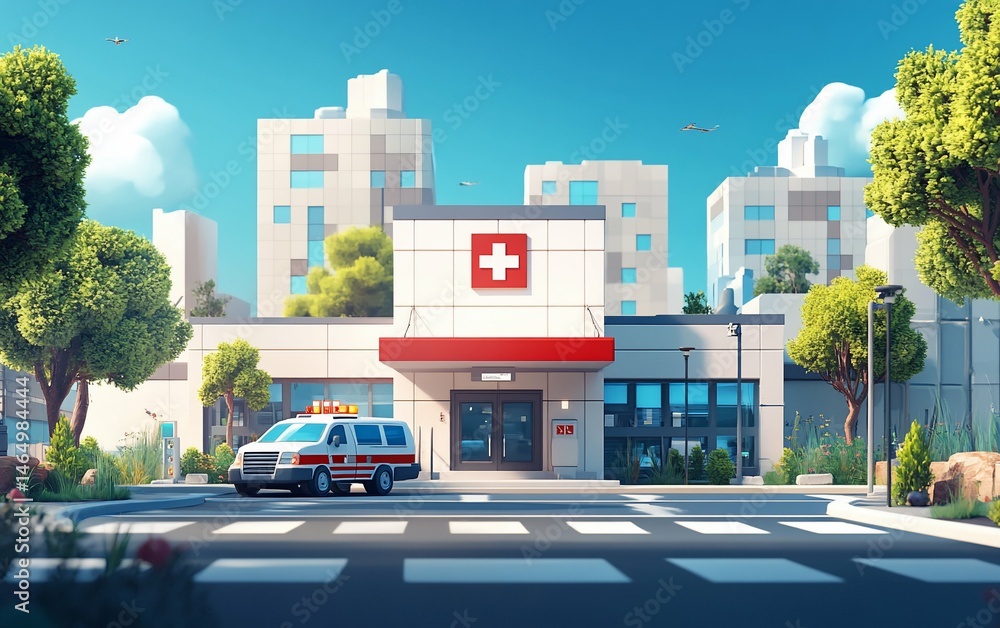 Fototapeta premium Hospital Entrance Scene with Ambulance Cityscape Clear Sky