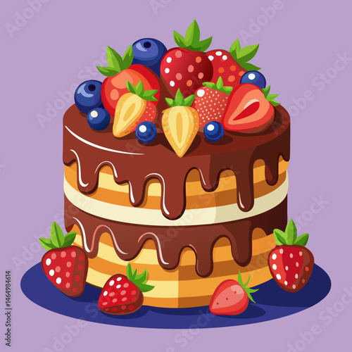 Delicious Chocolate Cake Topped with Fresh Strawberries and Blueberries