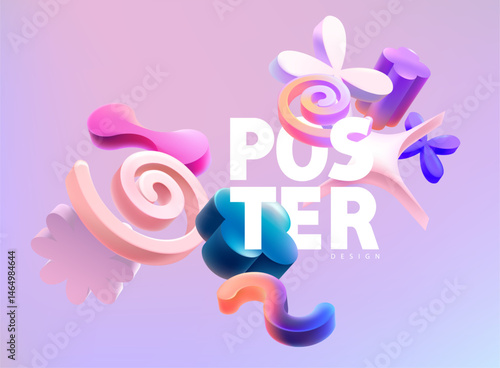 Abstract colorful 3d elements of various unusual shapes. Complex Geometric shape  for poster design.
