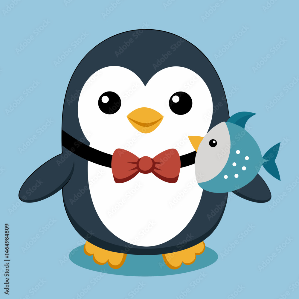 Obraz premium Adorable Cartoon Penguin with Bow Tie Holding Fish