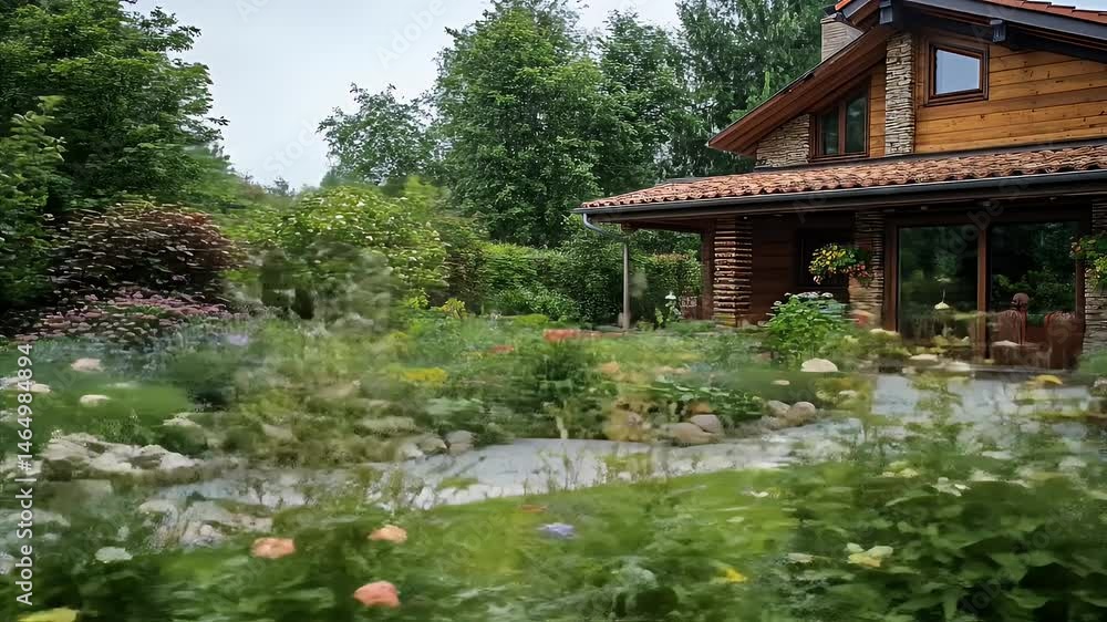 Wooden Stone House Exterior Surrounded by Lush Garden with Blooming Flowers and Greenery in Natural Daylight Landscape Wooden Stone House Exterior Surrounded by Lush Garden with Blooming Flowers and Greenery in Natural Daylight Landscape