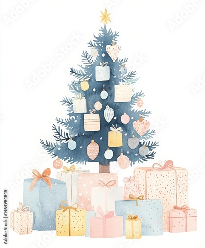 Soft watercolor illustration of a Christmas tree surrounded by presents, rendered in pastel colors with a whimsical touch. Set against an isolated white background, this artwork provides an ideal canv