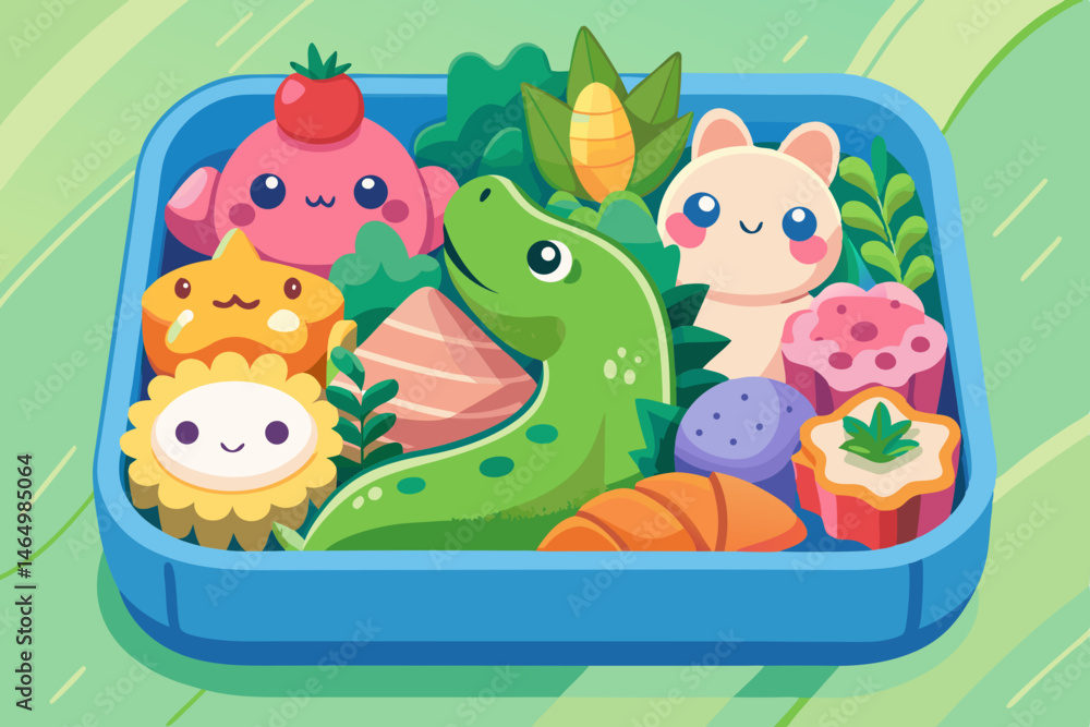 Obraz premium Adorable Kawaii Bento Box with Cute Animal and Vegetable Designs