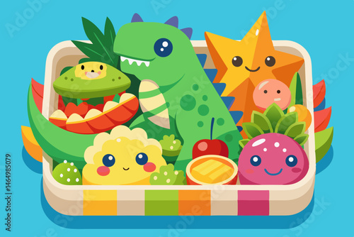 Adorable Cartoon Bento Box with Cute Dinosaur and Star Fruit