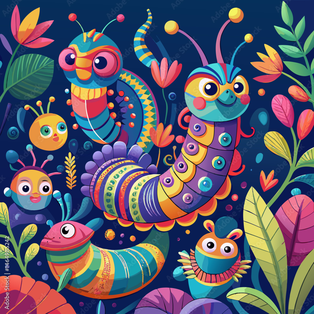 Fototapeta premium Vibrant Colorful Cartoon Insects in a Floral Garden