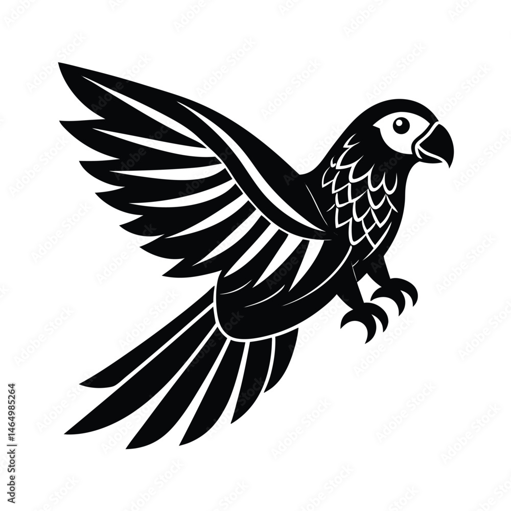 Obraz premium A clean black and white vector illustration depicting a parrot in mid-flight with extended wings