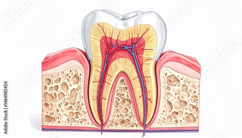 Tooth Anatomy - Detailed Human Tooth Inside or Cross Section - Dental Clinic, Jaw Surgeon, Preventative, Tooth Decay, Caries, Cavities and Root Canal Supportive Image for Dentists and Surgeons