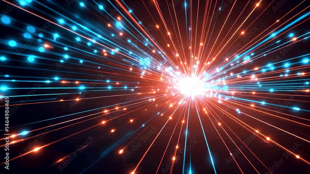 Fototapeta premium A burst of blue and orange light beams radiating from a bright central point against a dark background.