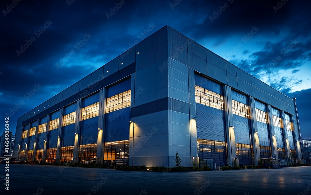 Industrial Building at Dusk Illuminated Windows Cloudy Sky Industrial Building at Dusk Illuminated Windows Cloudy Sky