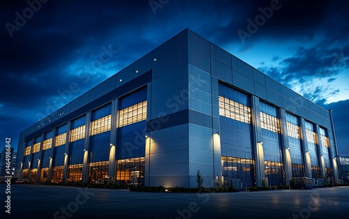 Industrial Building at Dusk Illuminated Windows Cloudy Sky