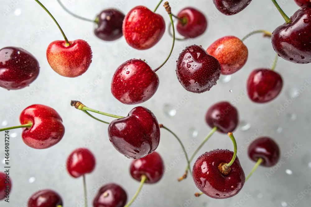 The image showcases juicy, vibrant red cherries suspended in mid-air with water droplets, suitable for food-related promotions and stock photography. The image showcases juicy, vibrant red cherries suspended in mid-air with water droplets, suitable for food-related promotions and stock photography.
