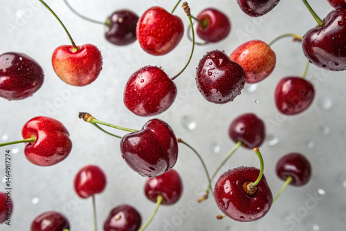 The image showcases juicy, vibrant red cherries suspended in mid-air with water droplets, suitable for food-related promotions and stock photography.