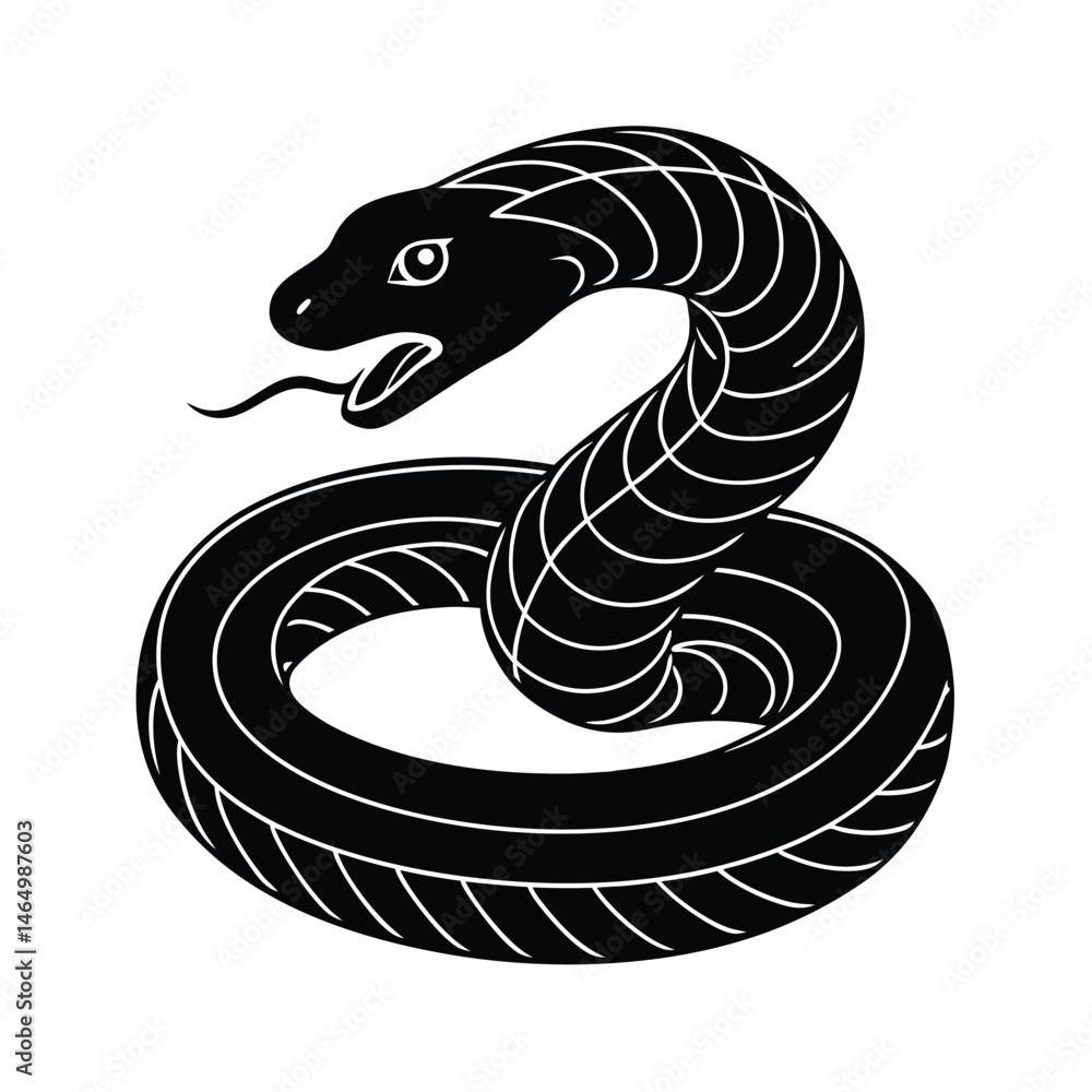 Naklejka premium Black and white illustration of a coiled snake with a detailed silhouette design on a white background