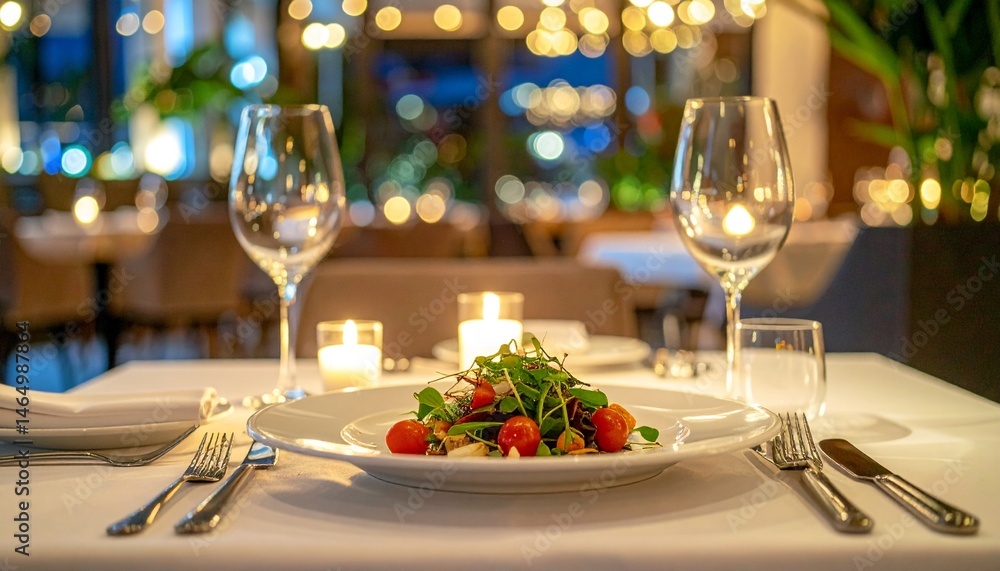 Fototapeta premium Romantic restaurant setting with a beautifully arranged entrée, modern interior, candlelight reflections, premium dining ambiance