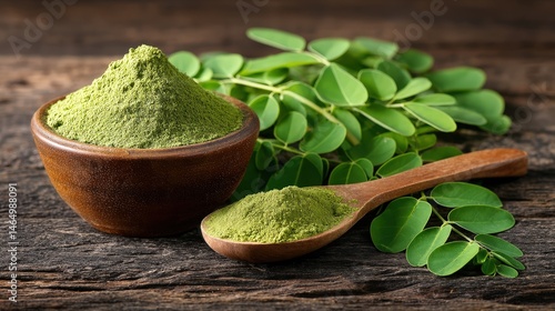 Green moringa powder in a wooden bowl with fresh moringa leaves on a rustic wooden surface