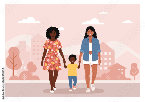 LGBTQ+ multiracial family walking together — flat vector illustration