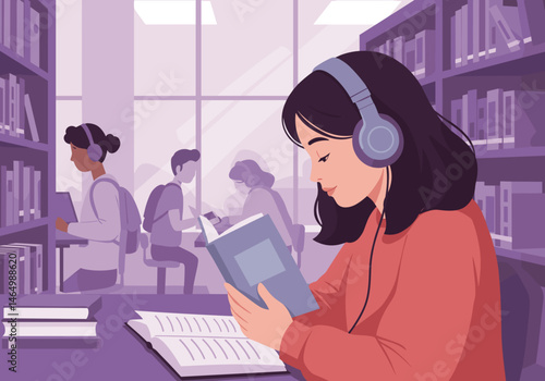 Inclusive education scene with diverse students studying with headphones in a library — vector illustration