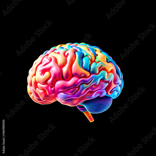 Human brain illustration in multiple colours on black background