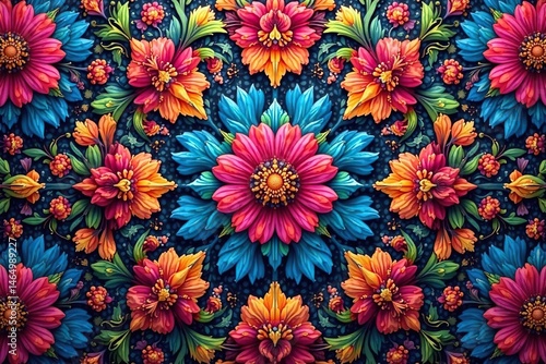 Intricate repeating floral motif, vibrant hues, bright, design element