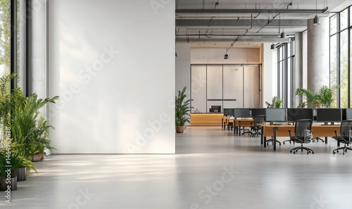 Fototapeta Naklejka Na Ścianę i Meble -  Minimalist office interior with blank wall for poster mockup and bright open workspace with modern furniture and large windows for natural light. 3D Rendering,
