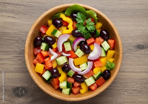 A wooden bowl filled with a colorful chopped salad with olives and red onions on a wooden surface