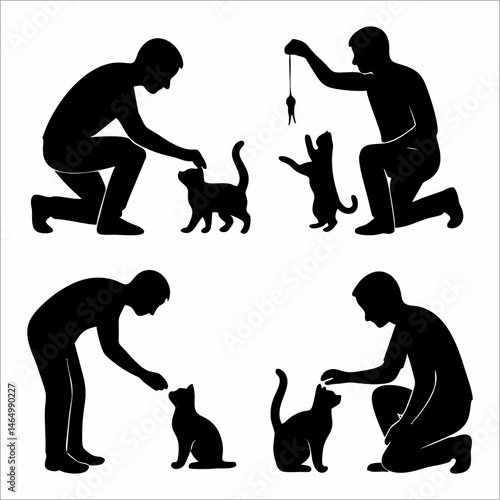 a collection of human silhouettes interacting with cats
