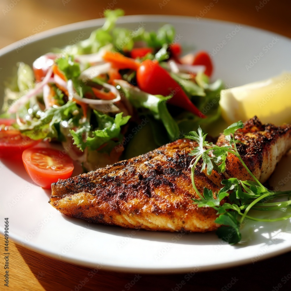 Deliciously Grilled Fish Fillet Served with Fresh Salad and Lemon Slice on Rustic Wooden Table, Inviting Culinary Presentation for Food Lovers and Chefs Deliciously Grilled Fish Fillet Served with Fresh Salad and Lemon Slice on Rustic Wooden Table, Inviting Culinary Presentation for Food Lovers and Chefs