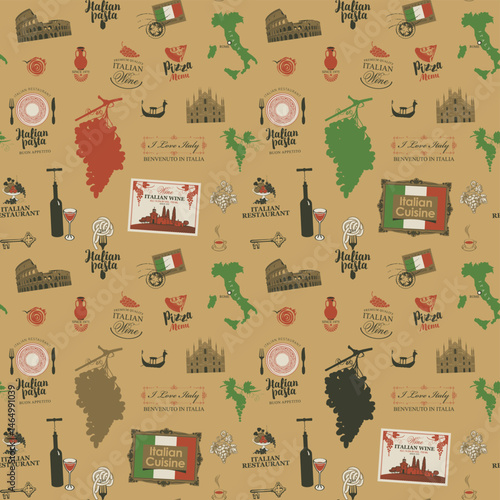 Vector seamless background pattern on theme of Italy and italian cuisine with symbols, architectural landmarks and map, flag in retro style. Suitable for wallpaper, wrapping paper, fabric. No AI used