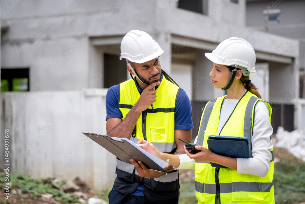 Project manager women and civil engineer wearing safety vests and helmets inspect a housing development site, discussing detail of project progress with confidence in construction professionals. Project manager women and civil engineer wearing safety vests and helmets inspect a housing development site, discussing detail of project progress with confidence in construction professionals.