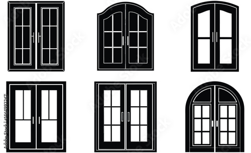 French Door Silhouette Set – Elegant Glass Paneled Double Door Vector Collection for Home and Architectural Design