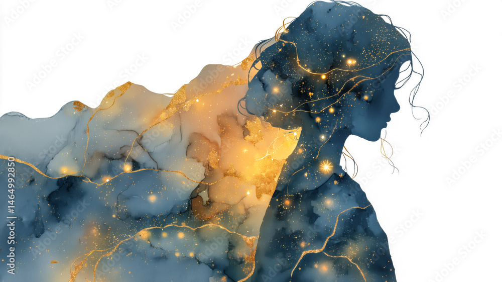 Fototapeta premium Ethereal woman silhouette with flowing hair, a celestial blend of blues, golds, and shimmering stardust for an enchanting visual art.