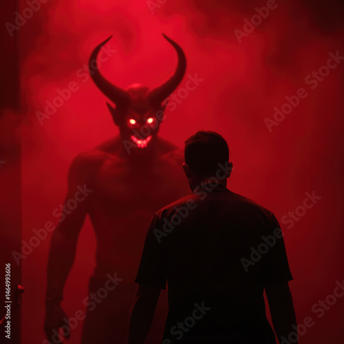 dramatic scene featuring menacing figure with horns and glowing eyes emerging from red mist, confronting person dark setting. atmosphere