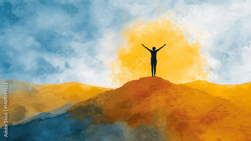 Silhouette of a person triumphantly standing on a hilltop, with arms raised against a sunny, watercolor-style sky.