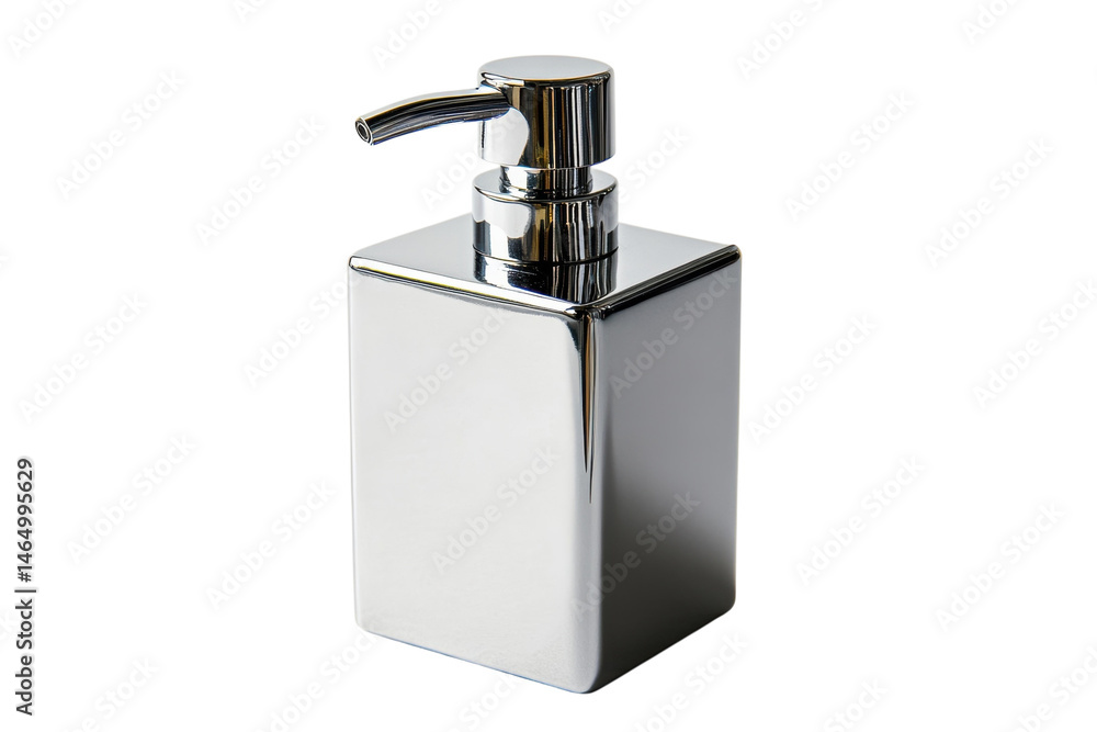 Obraz premium Sleek chrome soap dispenser modern bathroom accessory polished metal elegant design isolated on transparent background