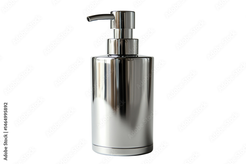 Obraz premium Sleek chrome soap dispenser modern bathroom design elegant cylindrical shape minimalist on transparent background