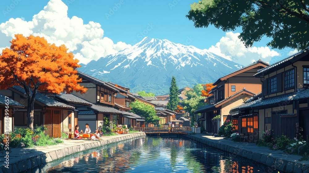Fototapeta premium Japanese Canal Town with Mount Fuji View