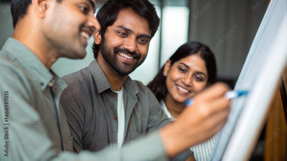 Fototapeta premium Indian Professionals Smiling While Collaborating Beside Whiteboard 