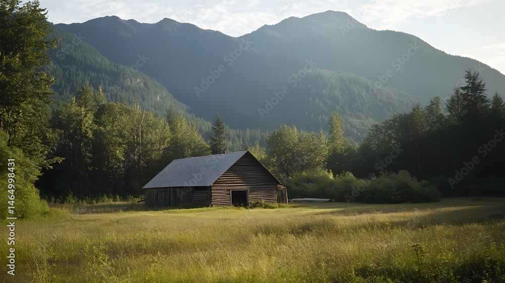 A rustic wooden cabin nestled amidst the lush greenery and towering mountains in a peaceful remote countryside setting A rustic wooden cabin nestled amidst the lush greenery and towering mountains in a peaceful remote countryside setting