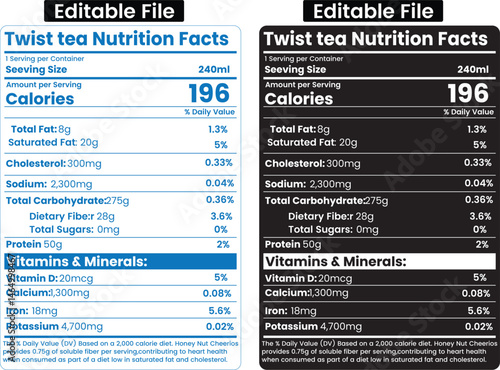 Twisted Tea Nutrition Facts, Supplement Facts, and tea label design.